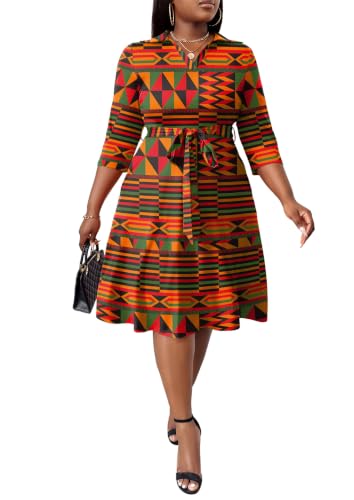 Image of FANDEE Plus Size Midi Dress for Women - Printing Summer Dresses for Wedding Guest Cocktail Party 3 /4 Sleeve V Neck（L-5XL）