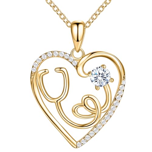 AmorAime 925 Sterling Silver Heart Necklace 14K Gold or Rose Gold Nurse Birthstone Necklace Stethoscope Necklaces for Doctor Medical Student RN for Festival or Holiday