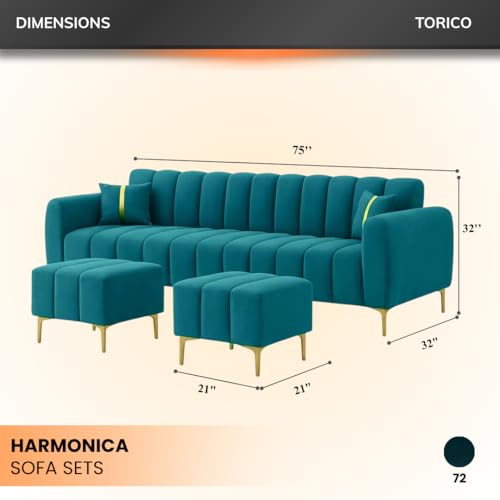Image of Harmonica 3 Seater Modular L Shape Sofa Set with 2 Ottoman| Soft Velvet Upholstery, Sturdy Wooden Frame | Modern Sofa for Living Room, Hall & Office Spaces (Aqua Blue)