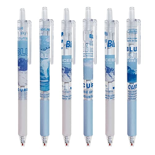 MOZXIRZ 6 Pcs Gel Ink Pens Cartoon Retractable Pens Cute Animal Pen 0.5mm Ballpoint Pen Office School Supplies for Girls (Scenery-Blue)