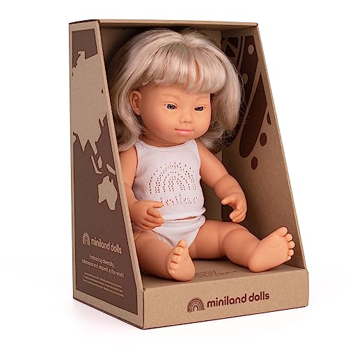 Image of Miniland Doll 15'' Caucasian Blonde Girl with Down Syndrome (Box) - Made in Spain, Anatomically Correct, Quality
