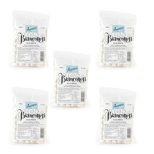 5x Amarelli - bianconeri 100 gr -> 5 confezioni da 100gr ciascuna | Liquirizia Pura, 500gr in totale (Menta)