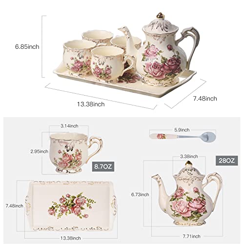 Yolife Ivory Ceramic Tea Set, Vintage Tea Set With Teapot,Serving Tray,Teacups,Teaspoons - Service For 4 (Pink Rose) #TOP1