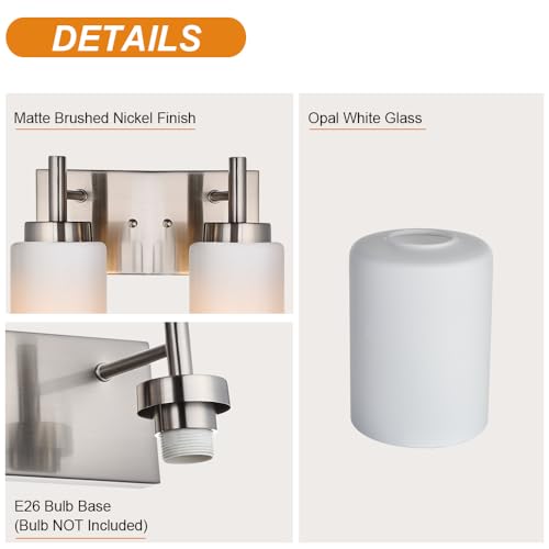 Image of 5 Light Bathroom Light Fixtures in Brushed Nickel Finish Metal Base Wall Mount Lighting with White Glass Shade Bath Wall Sconces for Mirror, Kitchen,Hallway