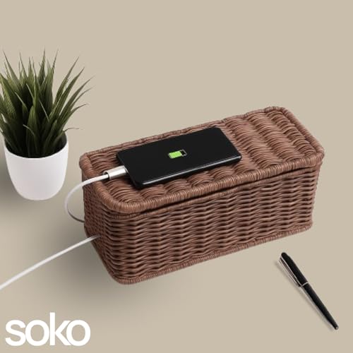 Image of Soko Woven Faux Rattan Cable Management Box| Cord Hider with Lid, 2 Open Slots Surge Protector | Power Strips, Router, TV, Gadget Wires Organizer Tray for Desktop, Table-Home, Office (Large) Brown
