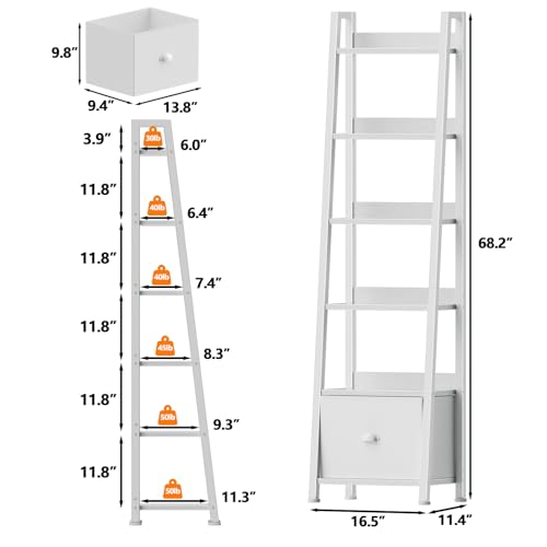 Image of Furologee 6 Tier Ladder Shelf,Ladder Bookshelf with Drawer,Modern Tall Bookcase,Storage Rack Organizer,Wood Metal Freestanding Shelves for Living Room, Home Office, Bedroom, White