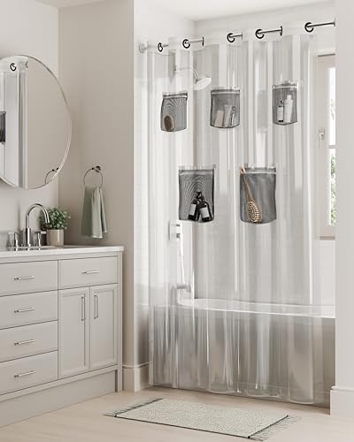 Rubbermaid Clear No Hook 3-in-1 Waterproof Shower Curtain with 5 Storage Pockets, Heavyweight 8g PEVA Instacurtain for Bathroom with Black Built-in Rustproof Rings, 71” x 74”, Clear