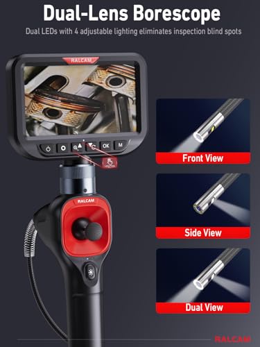 Image of Ralcam 360 Articulating Borescope Dual Lens, 0.25in Slim Probe | 4-Way 5 inch HD Endoscope Camera with Light, 4X Zoom, Snake Inspection Camera for Automotive HVAC Engine 5FT Semi-Rigid Cable