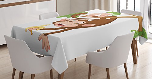 Ambesonne Cartoon Tablecloth, Funny Monkey Hanging From Tree And Holding Banana Jungle Animals Theme Print, Rectangular Table Cover For Dining Room Kitchen Decor, 60" X 90", Chocolate White #TOP5