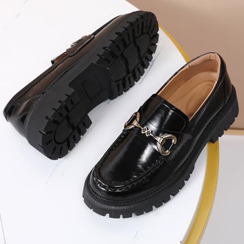 Image of Loafers for Women Chunky Loafers Women Womens Loafer Shoes Platform Heel | Comfortable Leather Penny Buckle Chain Non-Slip Work Dress Business Casual Office Formal School Ladies Women's Slip-On