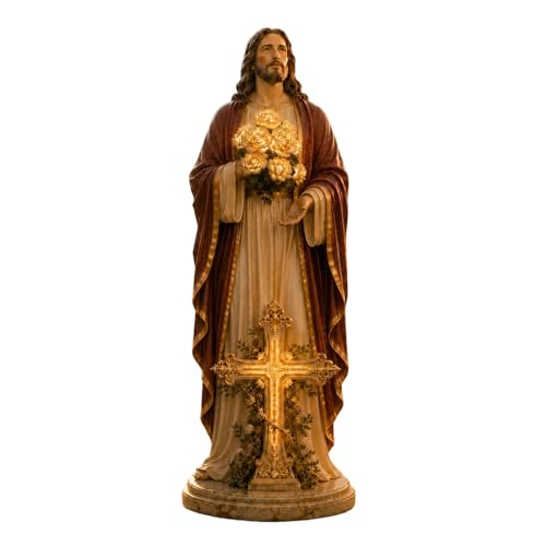 Resin Jesus Statue & USB Rose Led Lights, Religious Figurine Jesus Decor - image 3