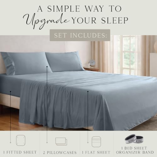 Image of KARISSA MAE Luxury Bamboo Viscose King Size Sheet Set | FSC Certified | Cooling | Ultra Soft | 18 inch Deep Pockets | Elastic Corner Straps | Includes Organizer Band [Chambray Blue]