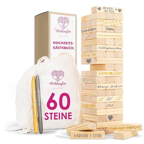 WeddingTree Libro de Firmas Bodas como Torre de Madera - con 60 Piedras, Bolsa de Almacenaje y 2 Rotuladores Metálicos - Libro Firmas Boda - Detalles para Bodas - Album para Firmas - Album Firmas Boda