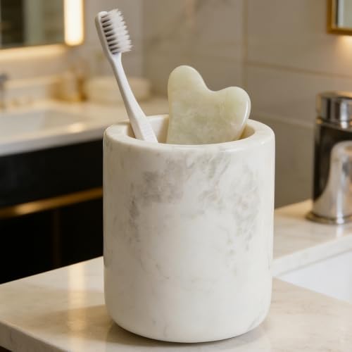 White Marble Toothbrush Holder for Bathroom, Natural Organic White Marble Toothbrush Cup, Mordern Style Texture Razor Holder, Razor Organizer for Dressing Table, Countertop, Hotel