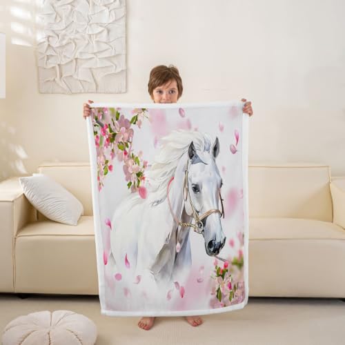 Image of Feelyou White Horse Sherpa Throw Blanket 50 inchx60 inch Boys Girls Gift