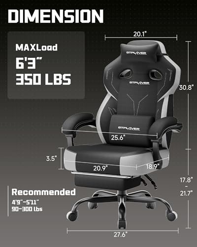 Image of GTPLAYER Big & Tall Gaming Chair, 90-155 Adjustable Reclining Office Seat with Footrest, Ergonomic Comfy Computer Desk Chair for Adults, Home Office Gaming Study Use, Black