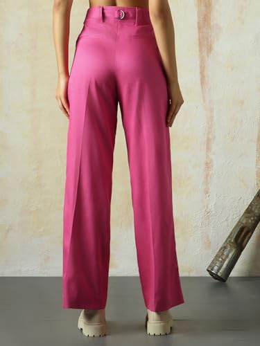 Image of High Star Women High Rise Solid Regular Length Wide Leg Casual Trousers