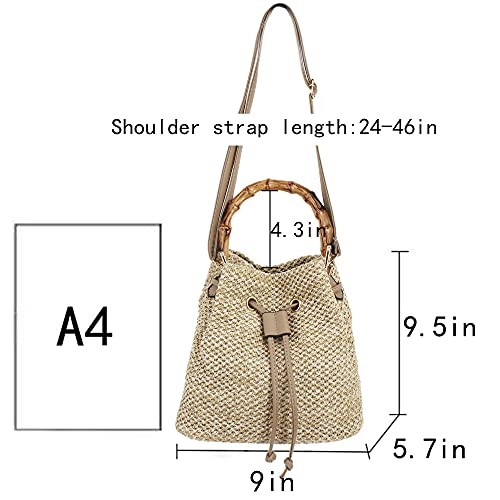 Goclothod Small Drawstring Shoulder Bag Straw Weave Handbag Summer Beach Purse(Khaki) #TOP1