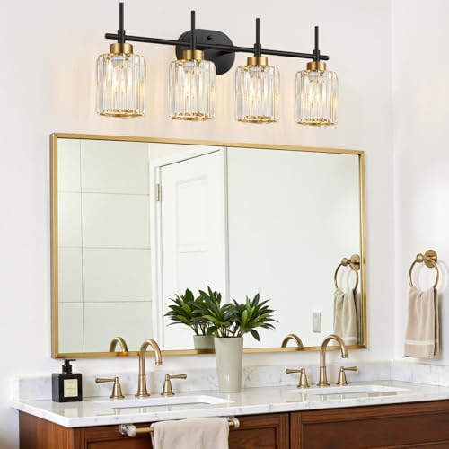 Image of Modern Crystal Bathroom Vanity Light, 4-Light Black and Gold Bathroom Light Fixtures, Clear K9 Crystal Shades, Adjustable Up /Down Mount, E26 Base Wall Sconce (Bulbs Not Included)