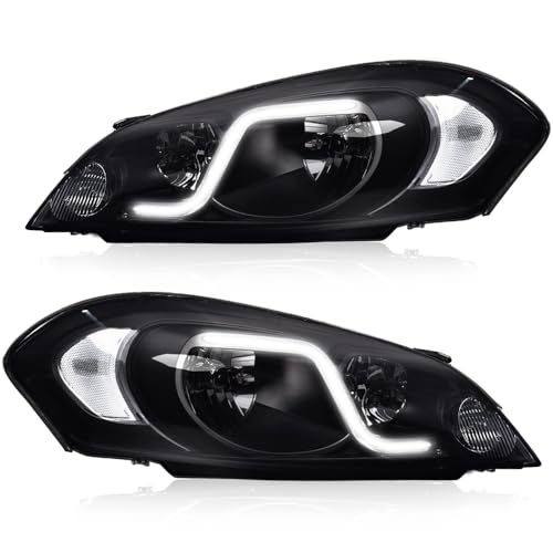 PIT66 LED Headlight Compatible with Chevy Impala 2006-2013/ Fit Impala Limited 2014-2016/ Fit Monte Carlo 2006-2007 Headlamp DRL Assembly Accessories Smoky lens Black Housing Clear Reflector