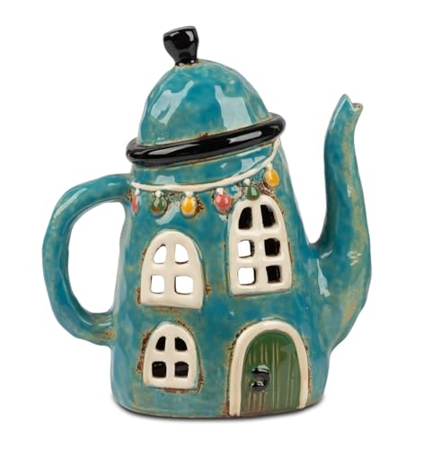 formano Windlicht Kanne 18x20 cm Steinzeug Handbemalt Teelicht Haus Deko Laterne - Dekoratives Windlichtt