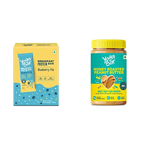 Image of Yogabar Breakfast Protein Blueberry Bars - 300gm, 50 g x 6 Bars & Yogabar Honey Roasted Peanut Butter 400g | Sweet, Salty and Crunchy | Non GMO Peanut Butter | Omega 3 | Rich in Protein - 400gm