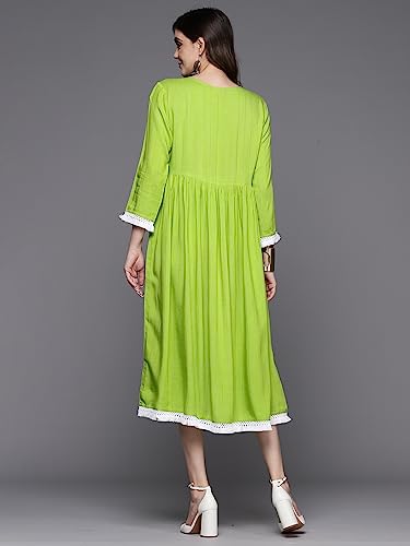 Image of INDO ERA Women's Midi A-Line Striped Viscose Rayon Ethnic Dress for Women
