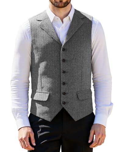 Men Herringbone Tweed Suit Vest,Men Retro Vest Slim Fit Waistcoat for Casual Business Prom