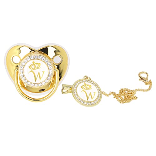 Image of Golden Letter Personalized Baby Pacifier with Bling Design, Clips, Anti-Dust Cover for Newborn Photography, White