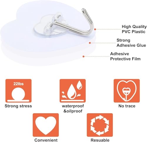 Image of 10 PCS Adhesive Hook for Hanging Heart Love Shape Heavy Duty Waterproof Transparent Sticky Hooks No Drill Nail Free Utility Wall Hangers for Kitchen Bathroom Bedroom Keys Towels