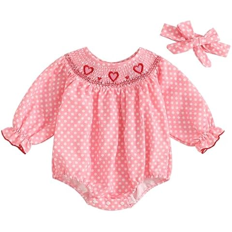 Doisbetthsay My First Valentines Easter Baby Girl outfit Long Sleeve Romper Bunny Outfit Smocked Newborn Clothes (Hearts Pink, 6-12 Months) Cover