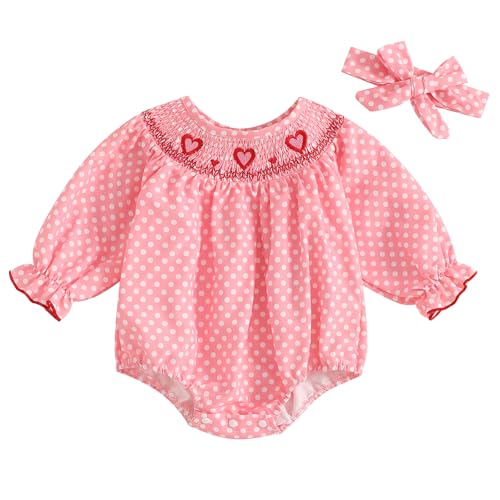 Amiblvowa Baby Girl Valentines Day Outfit Embroidery Love Heart Smocked Bubble Romper Bodysuit Cute Infant Newborn Clothes (Cute Pink, 0-3 Months)