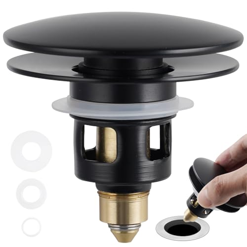 Image of Universal Bathroom Sink Drain Stopper Strainer, Big Cover, Matte Black | 2 in 1 Pop Up Sink Stopper for 1.1''~2.36'' Sink Basin Hole, Hair Catcher with Removable Stainless Steel Filter Basket