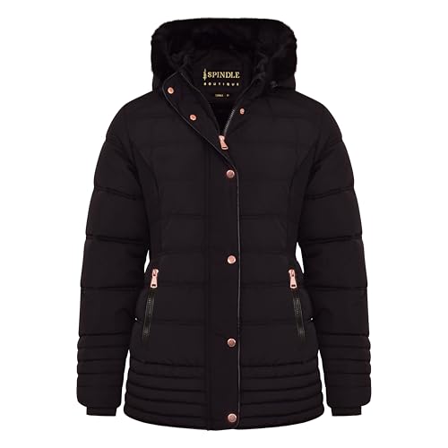 Spindle Womens Ladies Hooded Black Short Fur Parka Quilted Padded Puffer Coat | Zip Side Pockets | Faux Fur on Hood | Fleece Lined Body and Hood Black 18