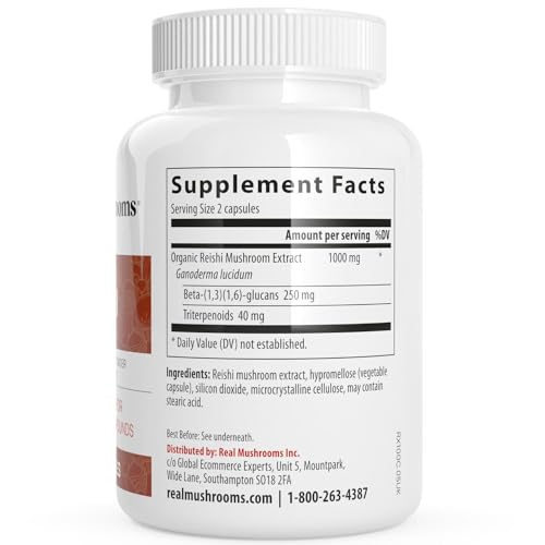Real Mushrooms Reishi Mushroom Capsules - Handpicked Organic Mushroom Extracts - Red Reishi for Tranquil Daily Wellness with Verified Beta Glucans Vegan, Non-GMO, No Grain Fillers, 200 ct