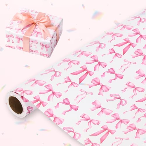 Bafeil Pink Bow Wrapping Paper Roll 17 in x 33 ft with Cutter & Ribbon