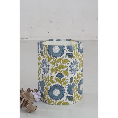 Image of Floral Hand Block Printed 3.3 Gallon Decorative Waste Basket - Eco-Friendly Cardboard Trash Can, Plastic-Free & Sustainable, Perfect for Christmas and Housewarming Gifts (1, Green Blue FLOWAR)