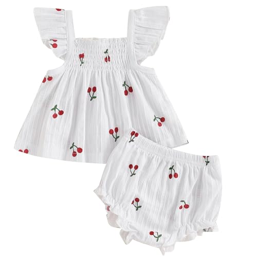 Mubineo Baby Girl Summer Clothes Cute Ruffle Tops Dress Shorts Outfits Set Infant Toddler Shrit Bloomers Princess Outfit (White, 0-3 Months)