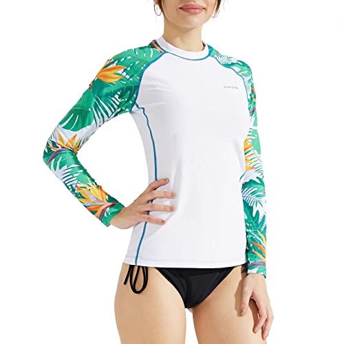 SURFEASY Camiseta de natación para Mujer, de Secado rápido, de Manga Larga, protección Solar, Surf Rashguard, Hojas Blancas, M