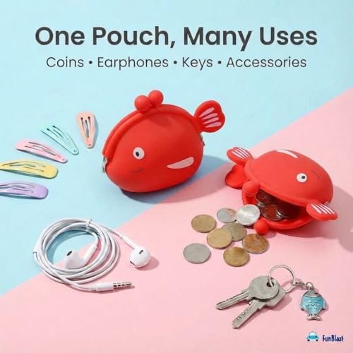 Image of FunBlast Cute Fish Shape Silicone Coin Purse for Kids & Adults - Mini Pouch for Coins, Earphones, Keys & Small Essentials, Aesthetic Pouches for Girls & Women - 12 X 9.5 X 3 Cm (Red)