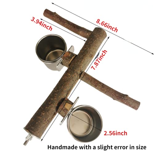 Barn Eleven Bird Wood Stand Perch With Stainless Steel Food Water Feeding Bowl For Parrot Parakeet Cockatiel Cage Accessories (Small) #TOP1