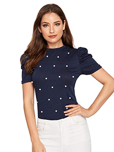 Romwe Women s Elegant Pearl Embellished Puff Short Sleeve Blouse Tops Navy Small