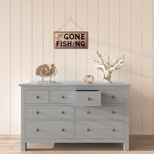 Letrero de madera Gone Fishing para pared de casa de lago rustica 5