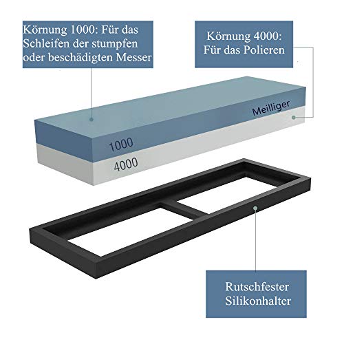 Meilliger Schleifstein Körnung 1000/4000 Abziehstein doppelseitiger Messerschleifer Messerschärfer Wetzstein Schleifhilfe Set für Messer mit Rutschfestem Silikonhalter
