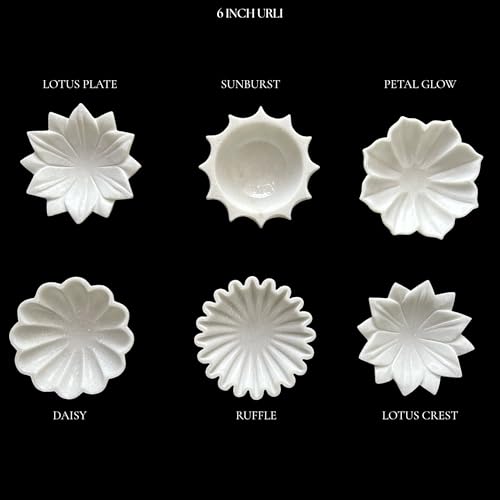 Image of Marble Urli Bowl for Decoration | Big Potpourri Decorative Bowls in Home decor | Large White Floating Flower Plates of Stone | Small Shape puja Item | (6 inch, Lotus Crest)