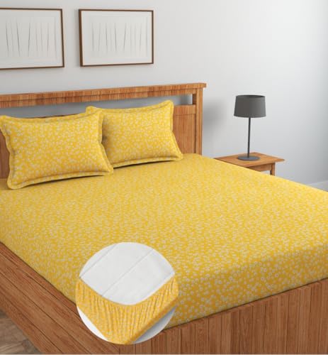 Image of NEW LEAF Glace Cotton Fitted King Size Double Bedsheets with 2 Pillow Covers | Elastic Fitted | Wrinklefree | Ultrasoft |Winter Bedsheet 220 tc tc Floral | 78 x 72+10 Inches, Yellow