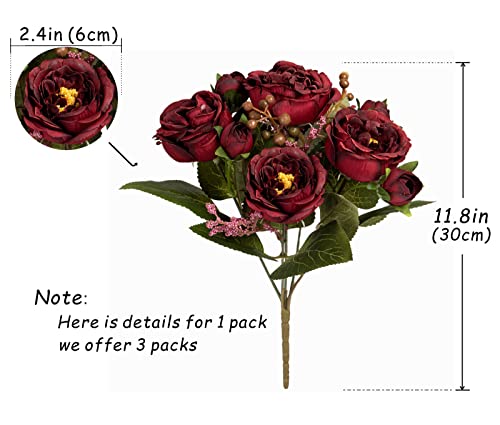Karoro 3 Bunches Artificial Flower, Burgundy Fake Peony Flowers Festive Gift, Silk Flores Arrangements For Home Wedding Party Decoration #TOP2