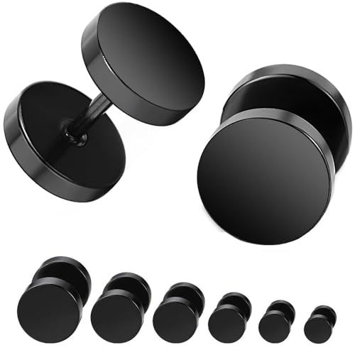 Ozmw 6 Pares Pendientes Perforantes Negros, Barbell Aretes de Perno Iercing Posterior del Tornillo, Pendientes de Acero Inoxidable Pulido para Hombres (5mm 10mm)