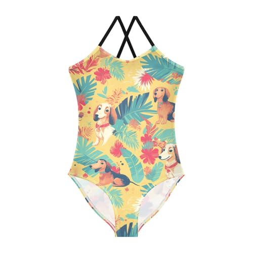 KLL Dachshund Dreams of A Bone Girls 1-Piece Swim Suit Beach Swimwear Adjustable Shoulder Strap UPF 50+