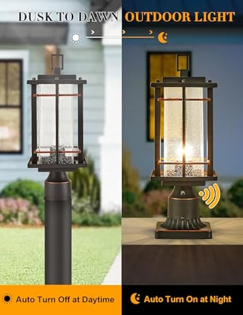 Post Lights Outdoor Dusk to Dawn Pillar Light Fixture with Seeded Glass Waterproof Exterior Lamp Post Lantern Hard-Wired Pole Mount Light Outside with 3-Inch Pier Mount Adapter